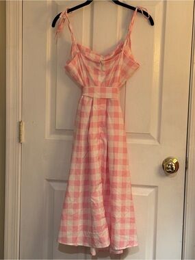 Cottagecore Pink Gingham Strappy Sleeve Midi A-Line Dress Size S
